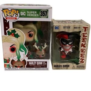 Funko Pop DC Harley Quinn 357 Holiday w‎ Helper + Teekeez Harley Quinn Tiki Lot